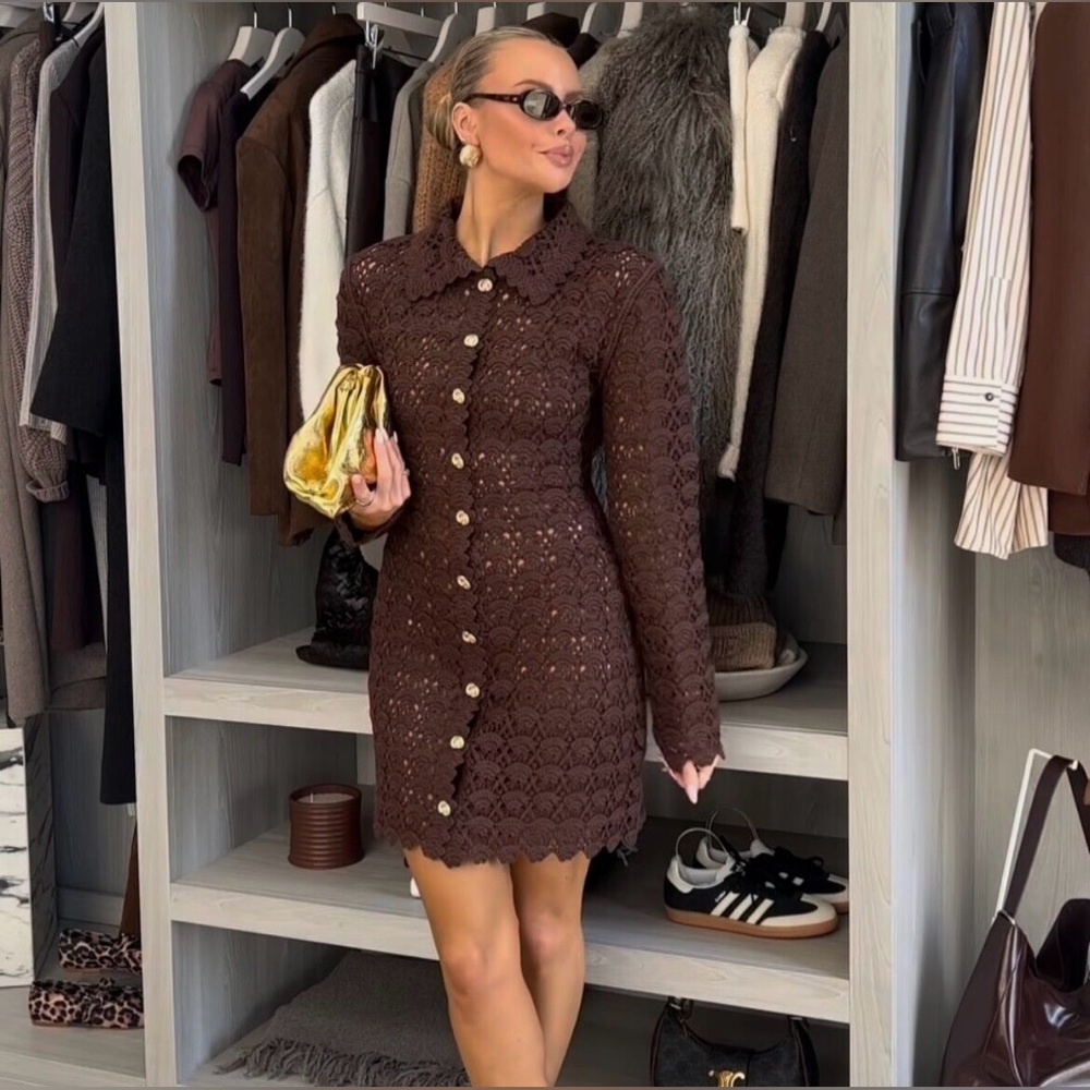 H&M DARK BROWN CROCHET-LOOK DRESS SIZE S